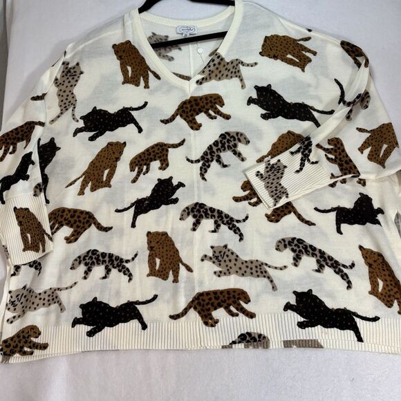 MUD PIE Kenny Cheetah Sweater Oversized Boxy V Neck New - Picture 2 of 9